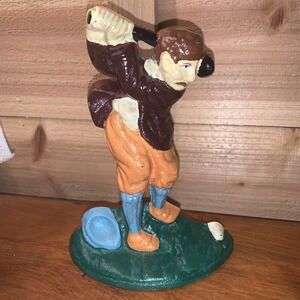 Vintage Cast Iron Golfer Design Door Stop/ Bookend Multi Color 7" X 5" EUC